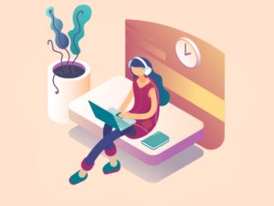 A illustrated woman is working at home